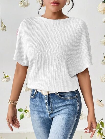 Zilcon Women Fashion Fall Batwing Half Sleeve t Shirt for Woman Boat Neck Oversized Tunic Tops Casual Waffle Knit Tshirt Tops for Women