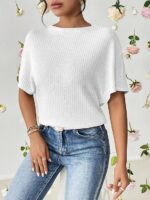 Zilcon Women Fashion Fall Batwing Half Sleeve t Shirt for Woman Boat Neck Oversized Tunic Tops Casual Waffle Knit Tshirt Tops for Women - Image 2